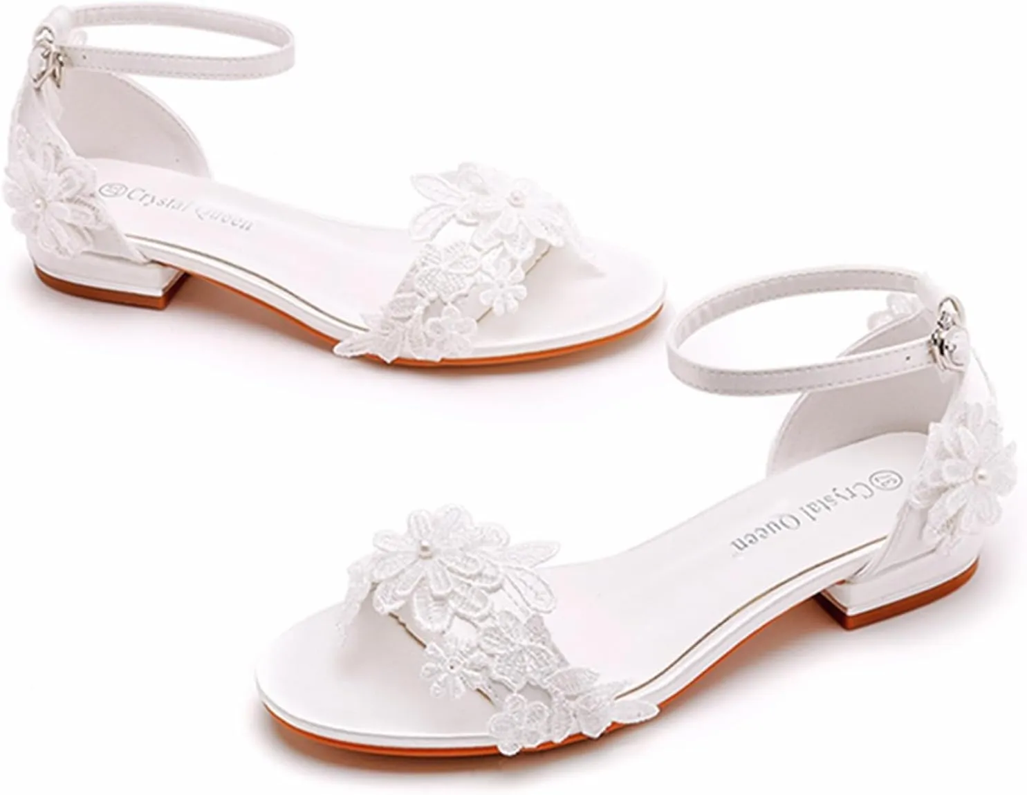Bridal Wedding Shoes Low Heel Lace Wedding Sandals Open Toe Ankle Strap Evening Party Summer Shoes 2Cm Prom Dress Shoes