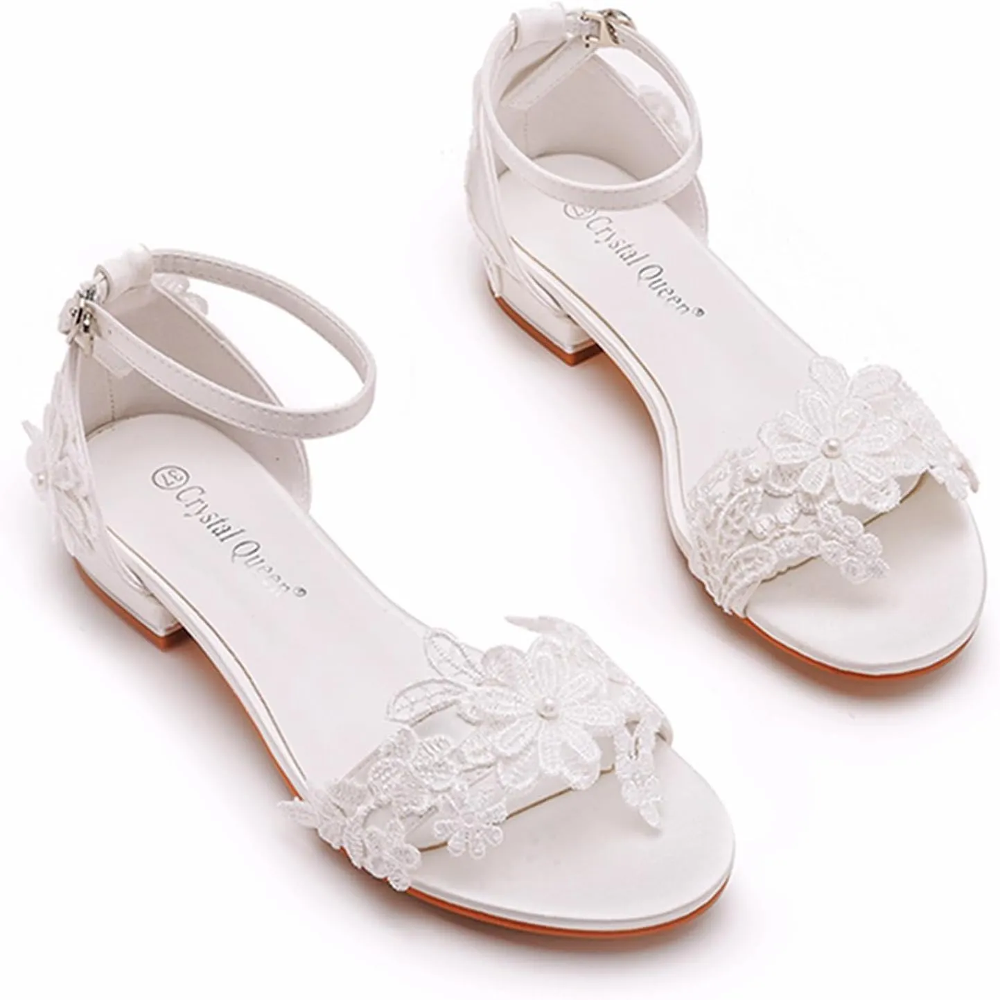 Bridal Wedding Shoes Low Heel Lace Wedding Sandals Open Toe Ankle Strap Evening Party Summer Shoes 2Cm Prom Dress Shoes