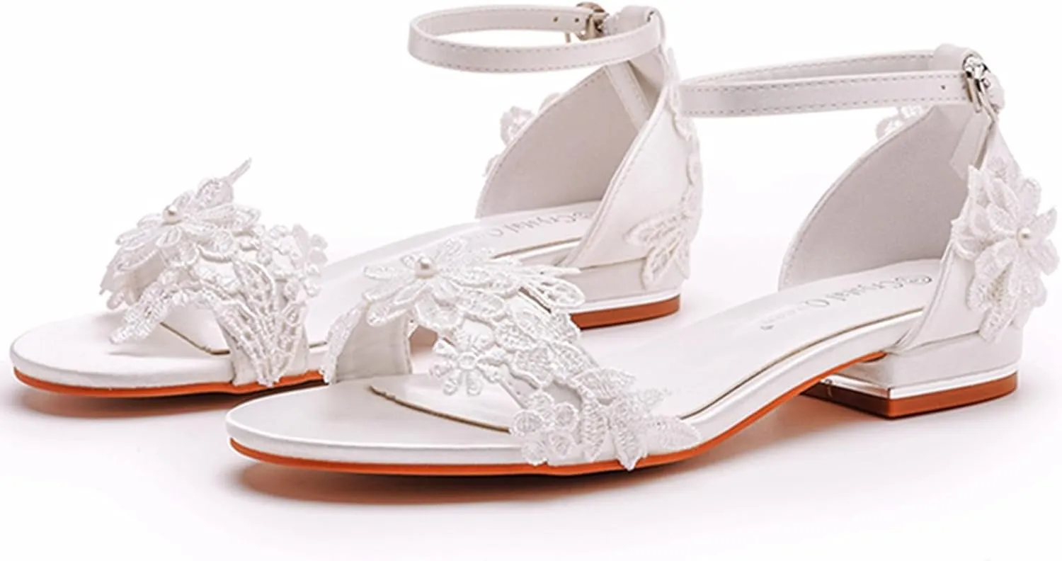 Bridal Wedding Shoes Low Heel Lace Wedding Sandals Open Toe Ankle Strap Evening Party Summer Shoes 2Cm Prom Dress Shoes