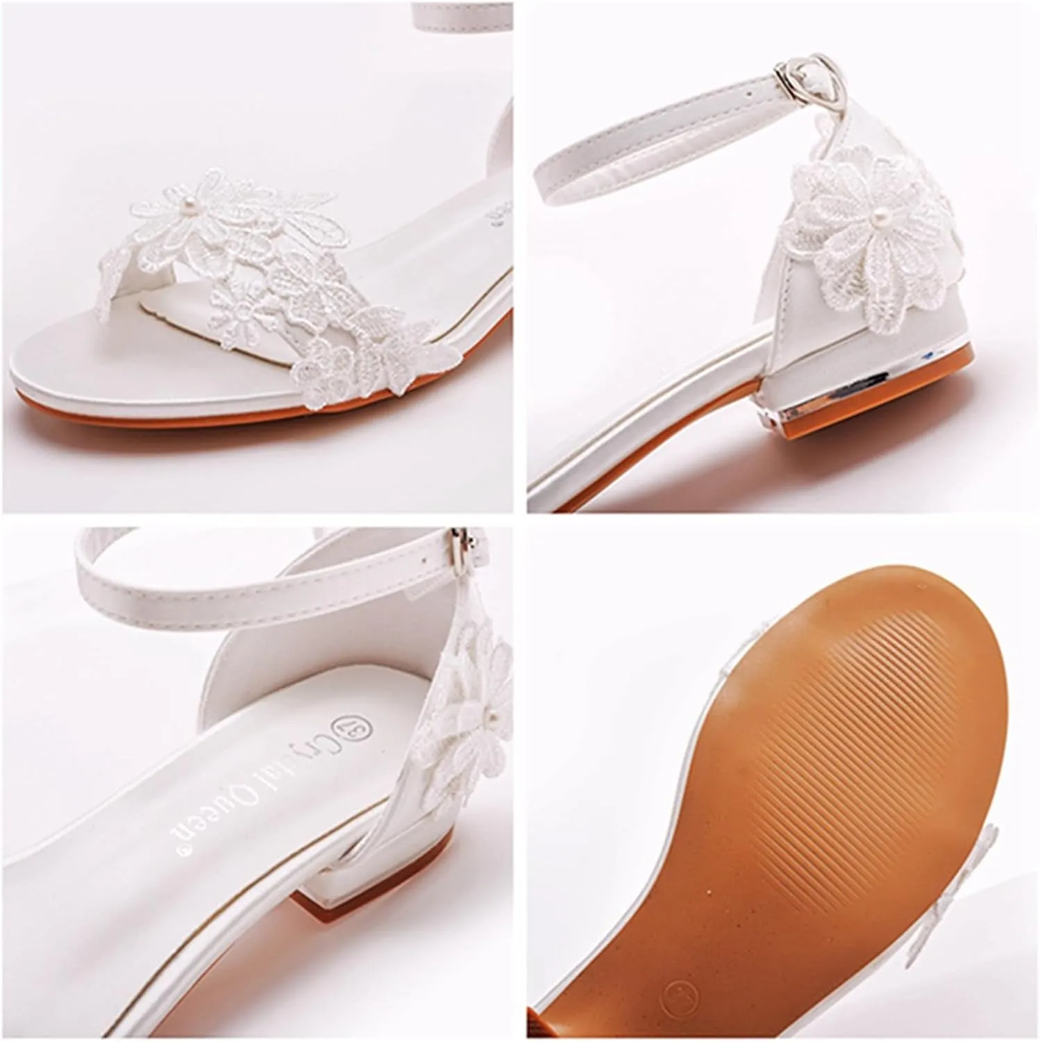 Bridal Wedding Shoes Low Heel Lace Wedding Sandals Open Toe Ankle Strap Evening Party Summer Shoes 2Cm Prom Dress Shoes