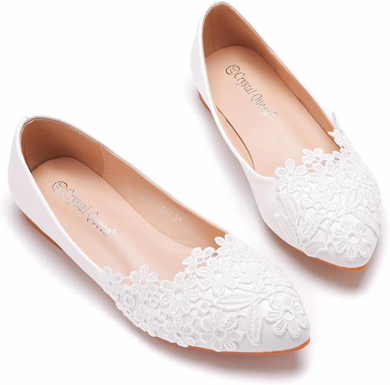 Bride Wedding Shoes,Women White Lace Ballet Flats Closed Toepointed Toe Shoes,Slip on Lace Ballet Comfortable Grandmother Boat Flats