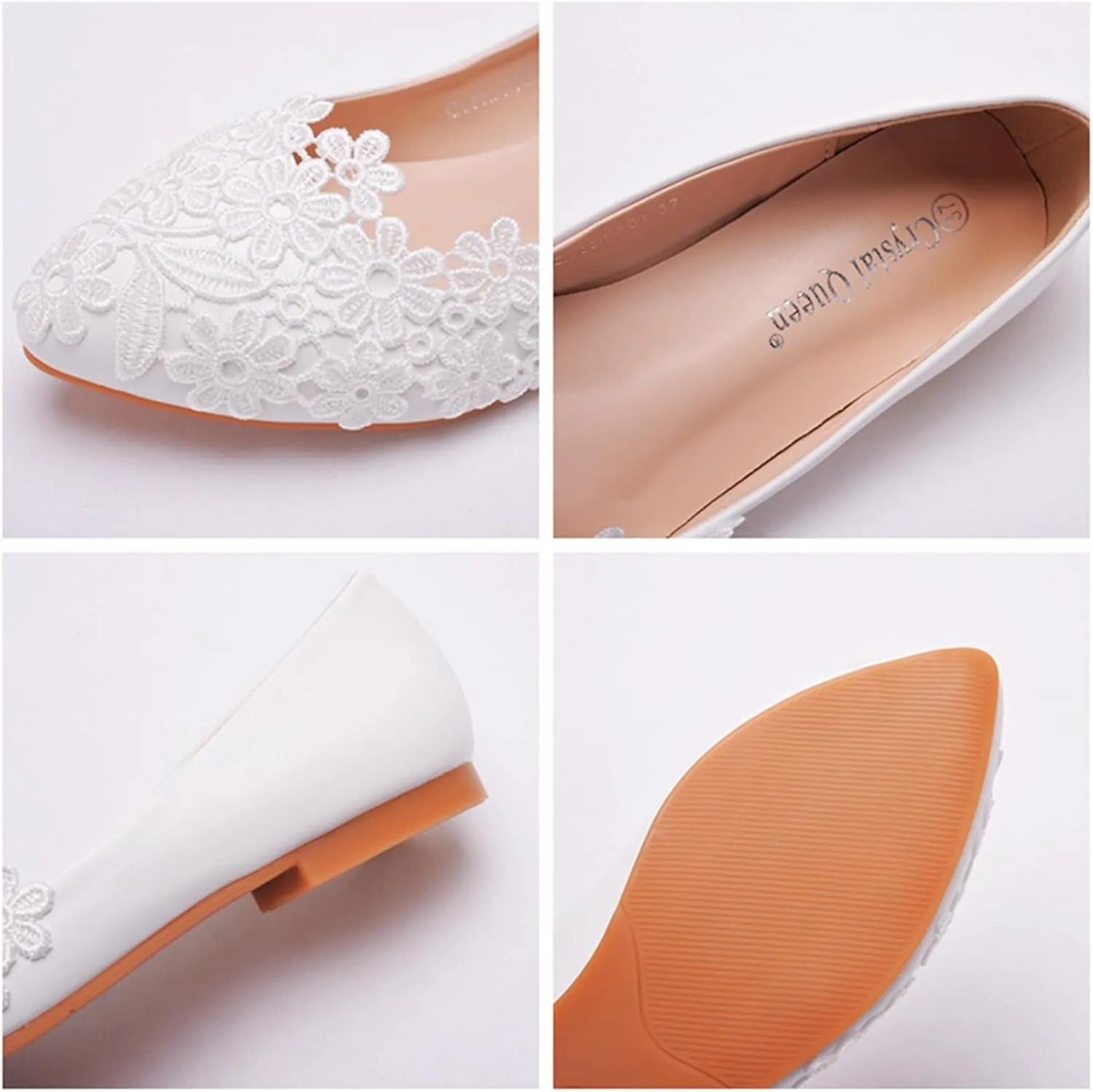 Bride Wedding Shoes,Women White Lace Ballet Flats Closed Toepointed Toe Shoes,Slip on Lace Ballet Comfortable Grandmother Boat Flats