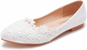 Bride Wedding Shoes,Women White Lace Ballet Flats Closed Toepointed Toe Shoes,Slip on Lace Ballet Comfortable Grandmother Boat Flats
