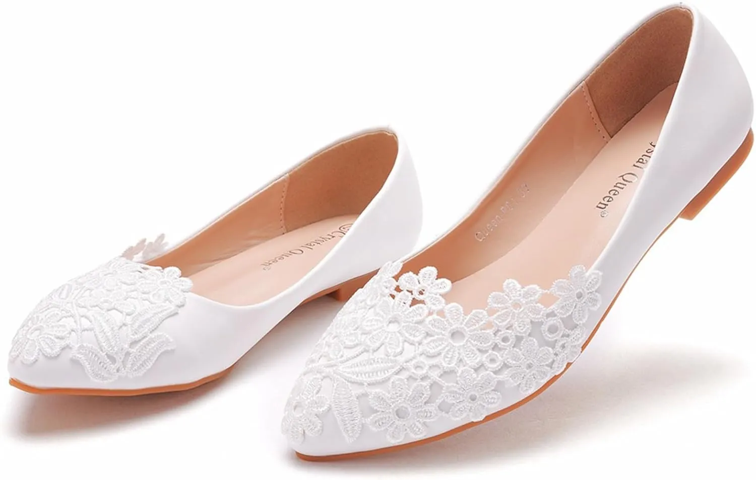 Bride Wedding Shoes,Women White Lace Ballet Flats Closed Toepointed Toe Shoes,Slip on Lace Ballet Comfortable Grandmother Boat Flats