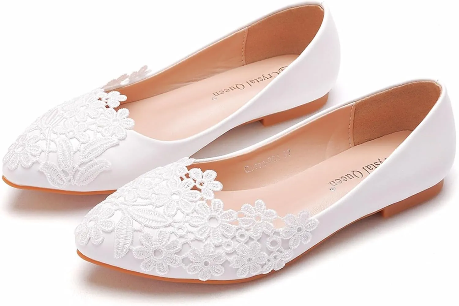 Bride Wedding Shoes,Women White Lace Ballet Flats Closed Toepointed Toe Shoes,Slip on Lace Ballet Comfortable Grandmother Boat Flats