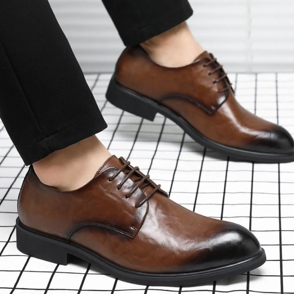 British Style Round Toe Lace Up Leather Shoes Lightweight Thick Sole Height Increase Oxfords Fashionable Wingtip Brock Dress Shoes