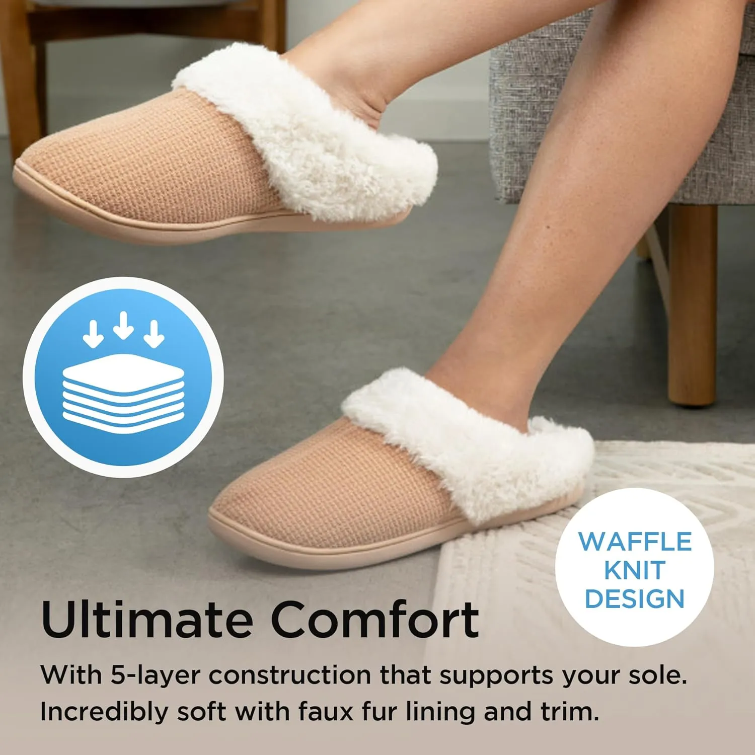 Brookstone Classic Comfort Memory Foam Indoor Slippers - Women's Memory Foam Cozy Slippers - Soft Plush, Non-Slip Sole