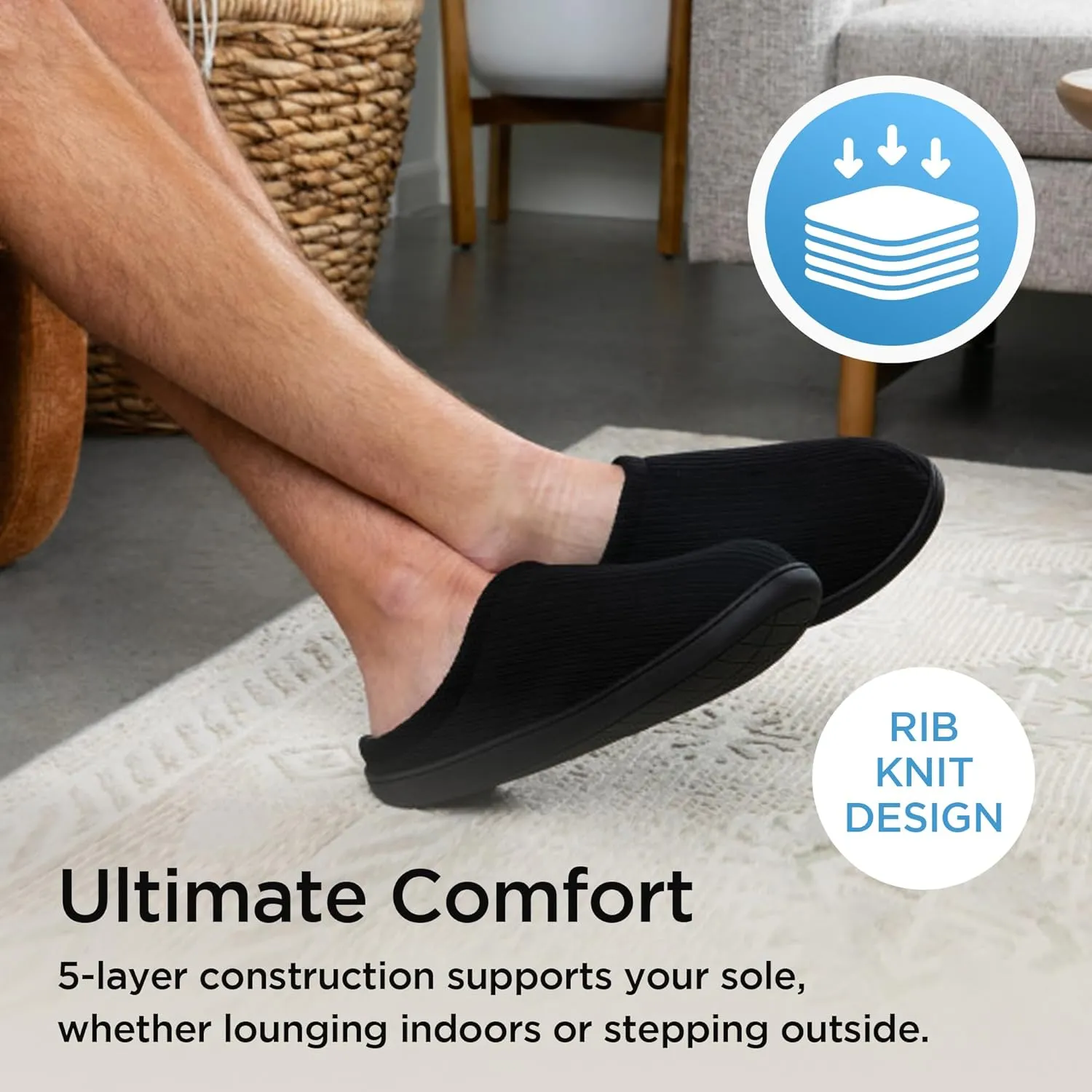 Brookstone Classic Comfort Memory Foam Men's Indoor Slippers - Warm & Comfortable, Soft Plush Lining, Non-Slip Sole