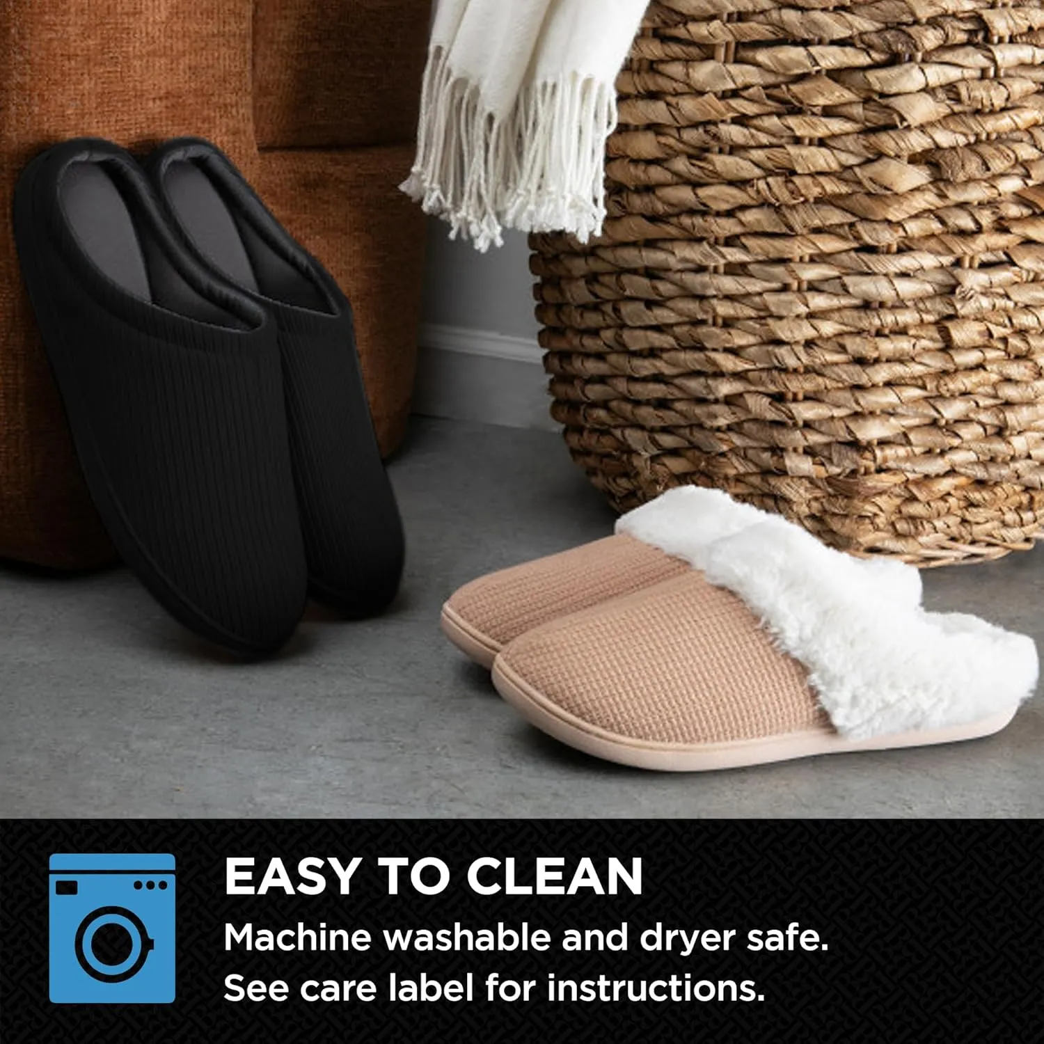 Brookstone Classic Comfort Memory Foam Men's Indoor Slippers - Warm & Comfortable, Soft Plush Lining, Non-Slip Sole