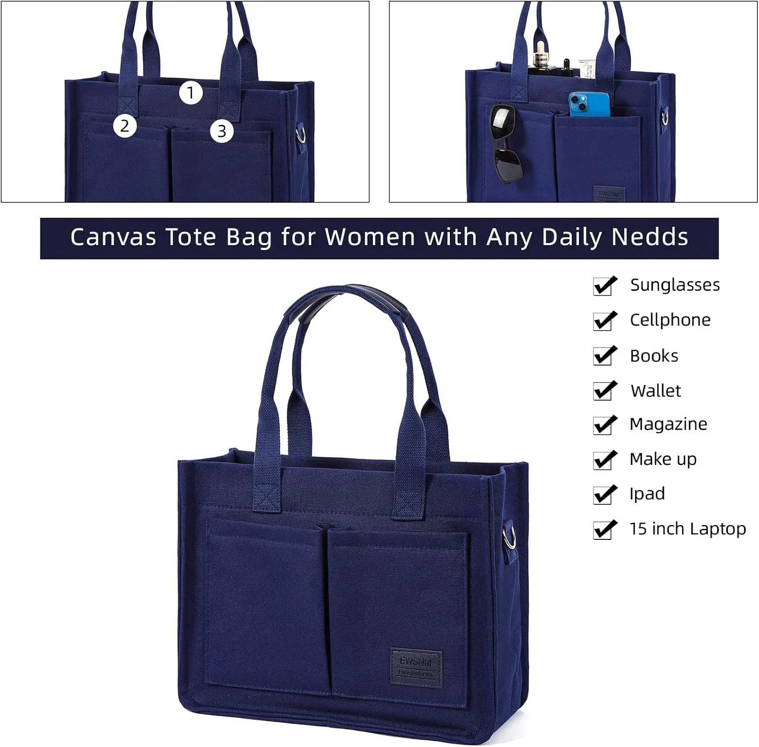 Canvas Tote Bag for Women, Large Laptop Travel Tote Handbag Totes with Crossbody Shoulder Teachers Reusable Grocery Bags