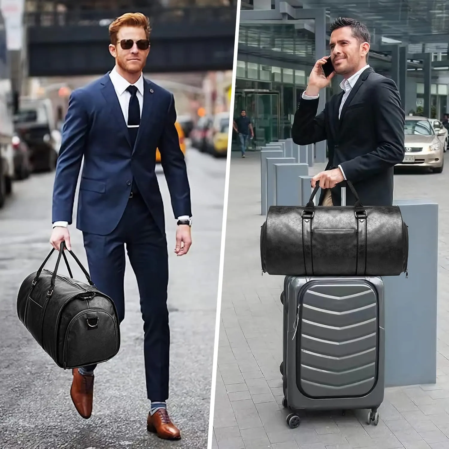 Carry on Garment Bags for Travel Leather Garment Duffle Bag Convertible Mens Suit Travel Bags with Shoe Compartment,Waterproof,Perfect for Business Travel/Husband Gifts (Black)