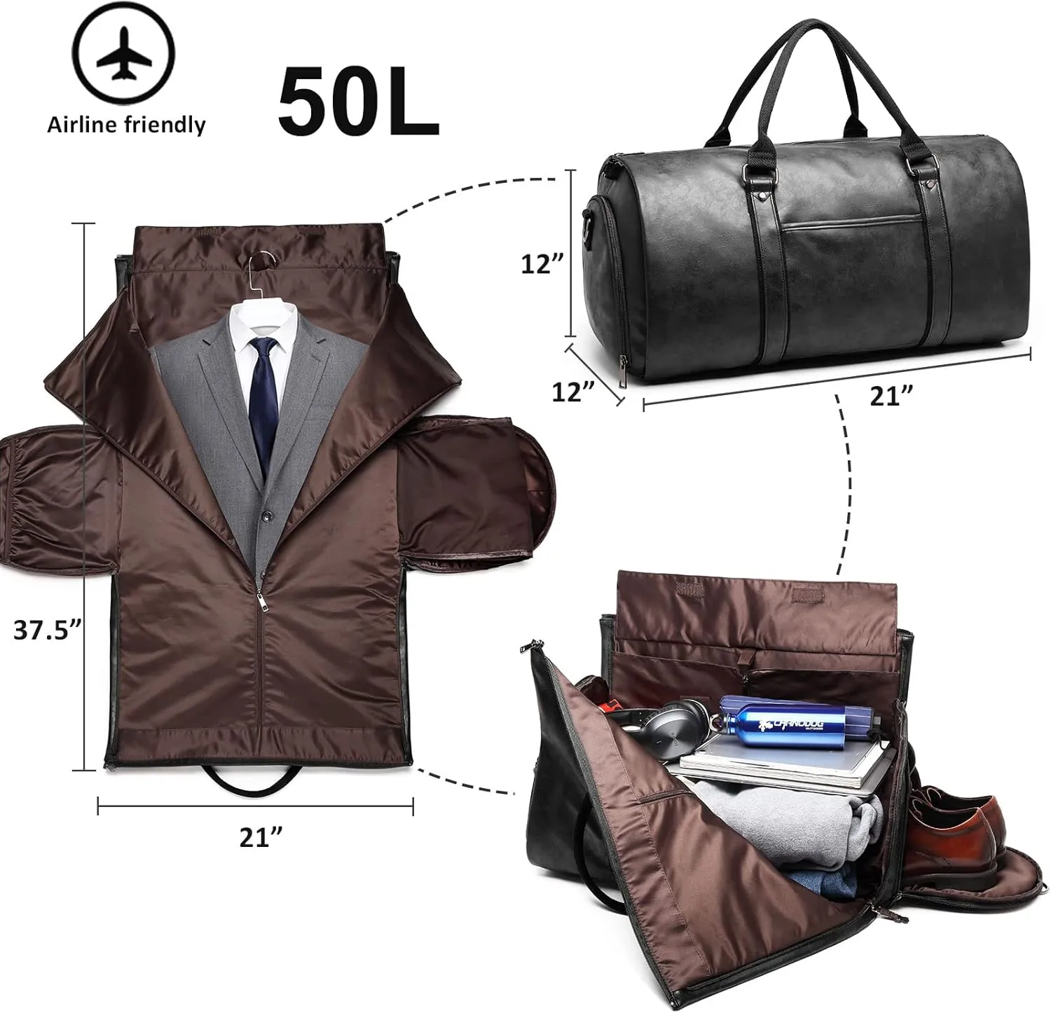 Carry on Garment Bags for Travel Leather Garment Duffle Bag Convertible Mens Suit Travel Bags with Shoe Compartment,Waterproof,Perfect for Business Travel/Husband Gifts (Black)