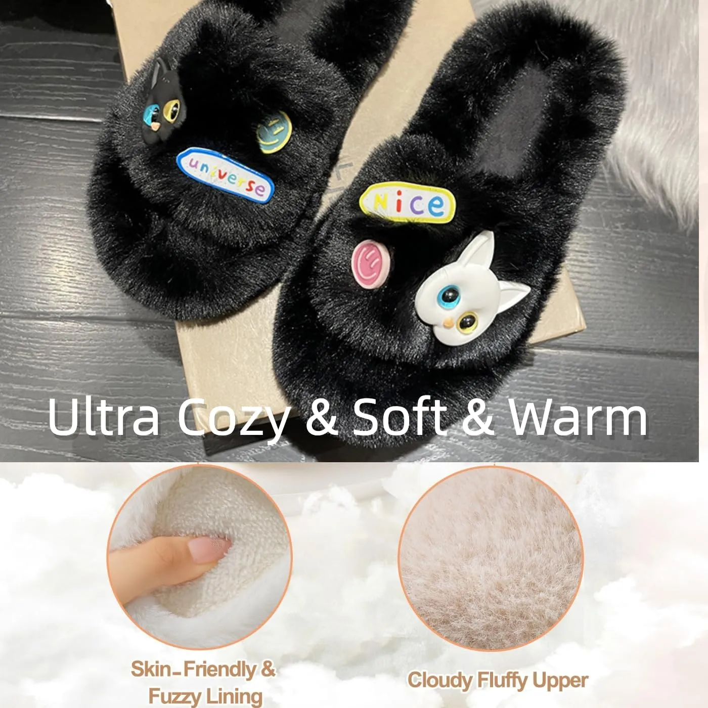 Cat Face Slippers for Women Soft Plush Fuzzy Kawaii Women's Slippers Ultra Comfy Cute House Shoes Open Toe Indoor Outdoor Soft Thick Sole