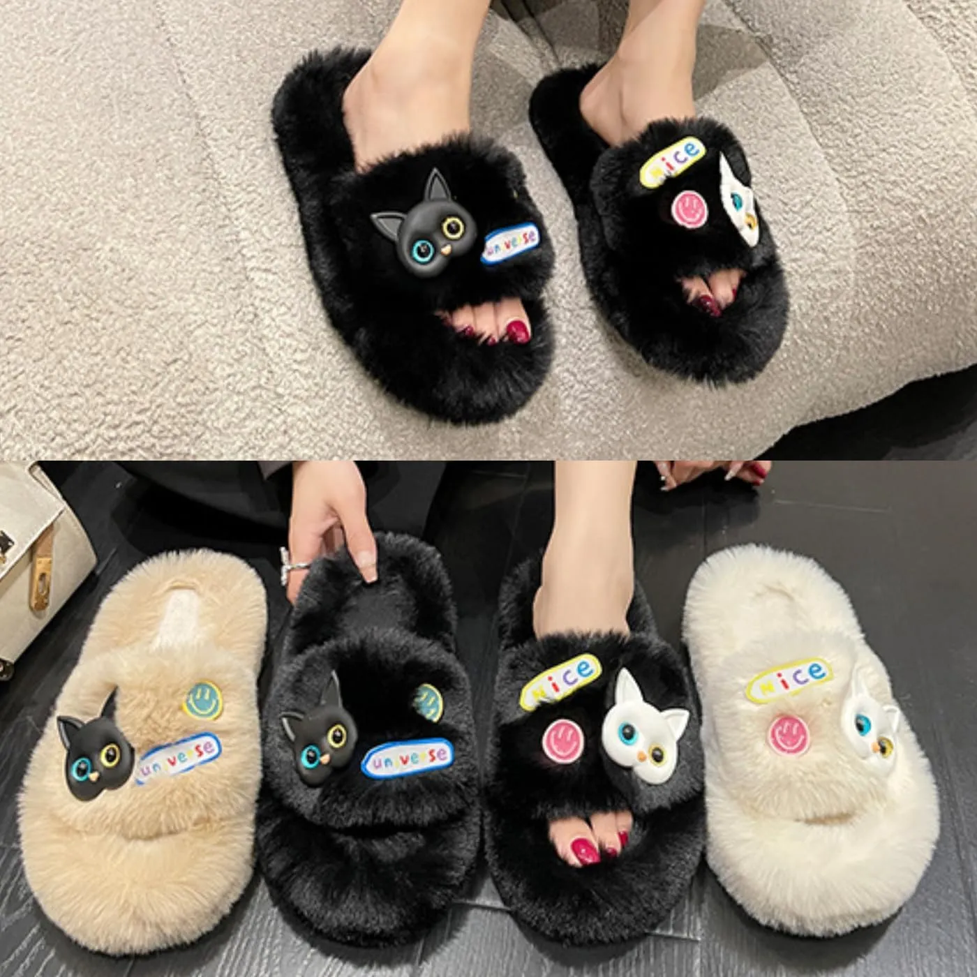 Cat Face Slippers for Women Soft Plush Fuzzy Kawaii Women's Slippers Ultra Comfy Cute House Shoes Open Toe Indoor Outdoor Soft Thick Sole