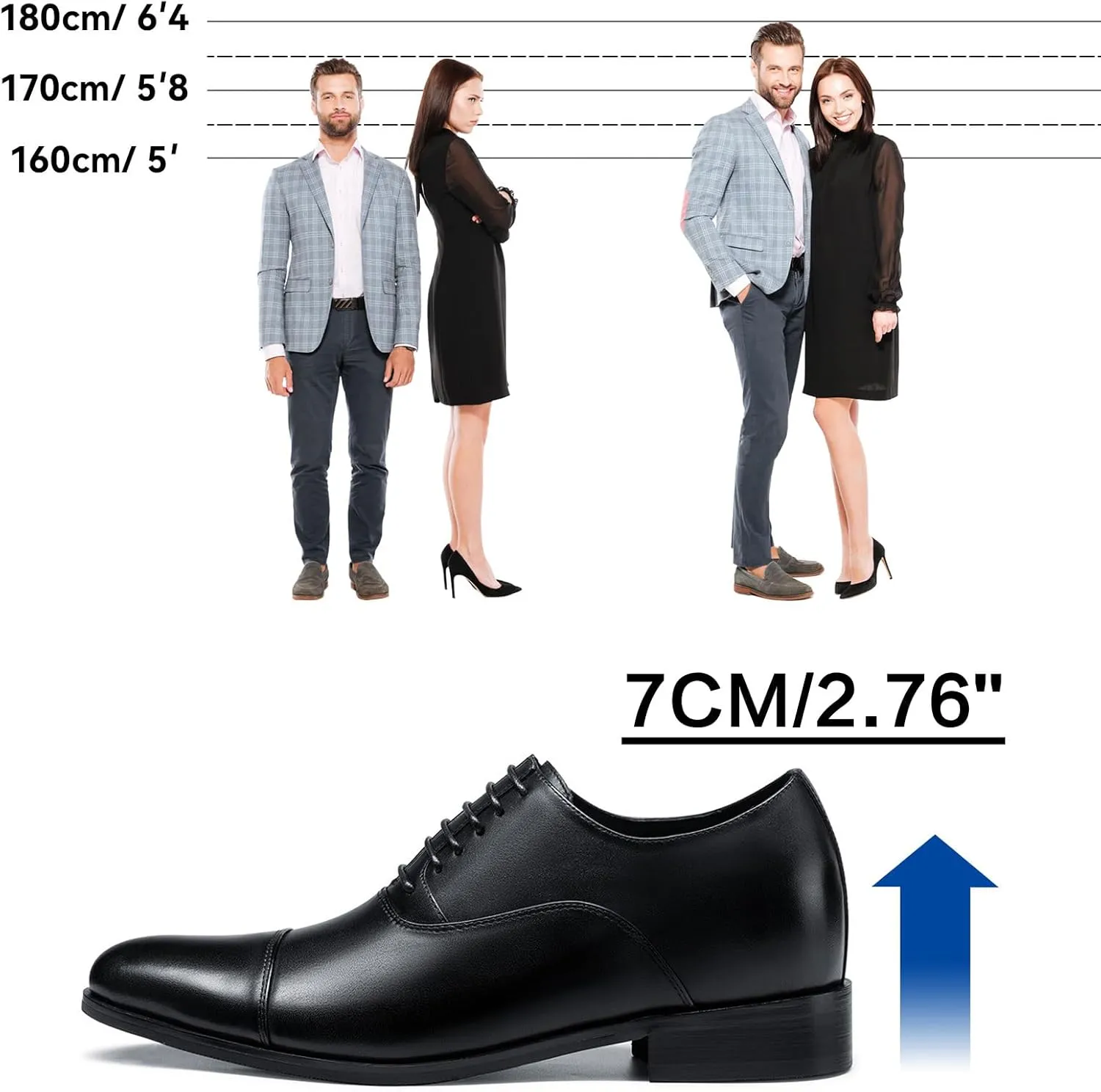CHAMARIPA Men's Leather Elevator Shoes with Ergonomic Built-in Height Insoles | Breathable Anti-Shift Design, One-Last-One-Size Custom Fit | Enhanced Arch Support & Stealth Height Increase