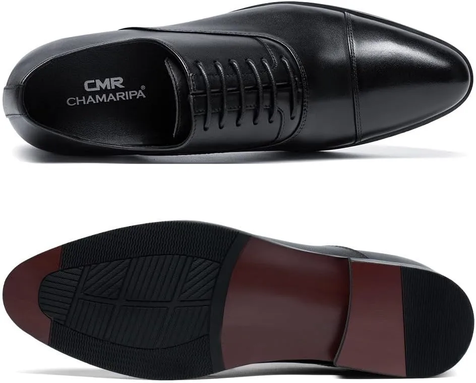 CHAMARIPA Men's Leather Elevator Shoes with Ergonomic Built-in Height Insoles | Breathable Anti-Shift Design, One-Last-One-Size Custom Fit | Enhanced Arch Support & Stealth Height Increase