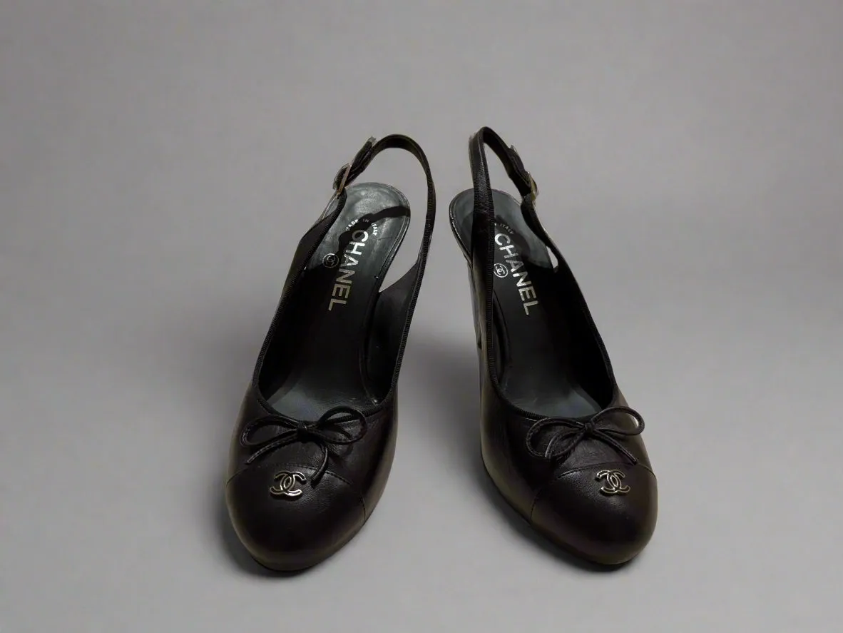 CHANEL Black Leather Slingback Heels – Size 38 | Luxury Designer Shoes | Made in Italy