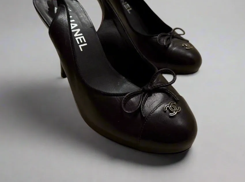 CHANEL Black Leather Slingback Heels – Size 38 | Luxury Designer Shoes | Made in Italy