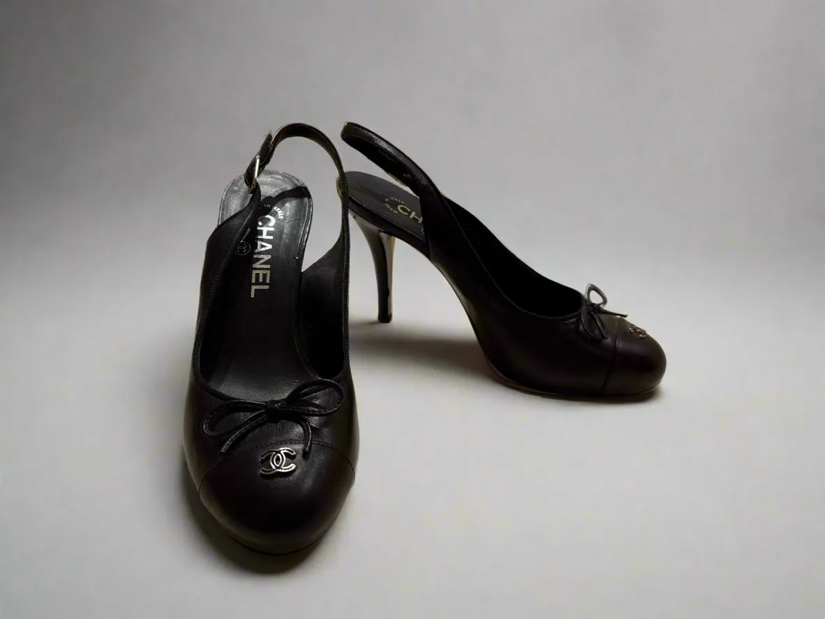 CHANEL Black Leather Slingback Heels – Size 38 | Luxury Designer Shoes | Made in Italy