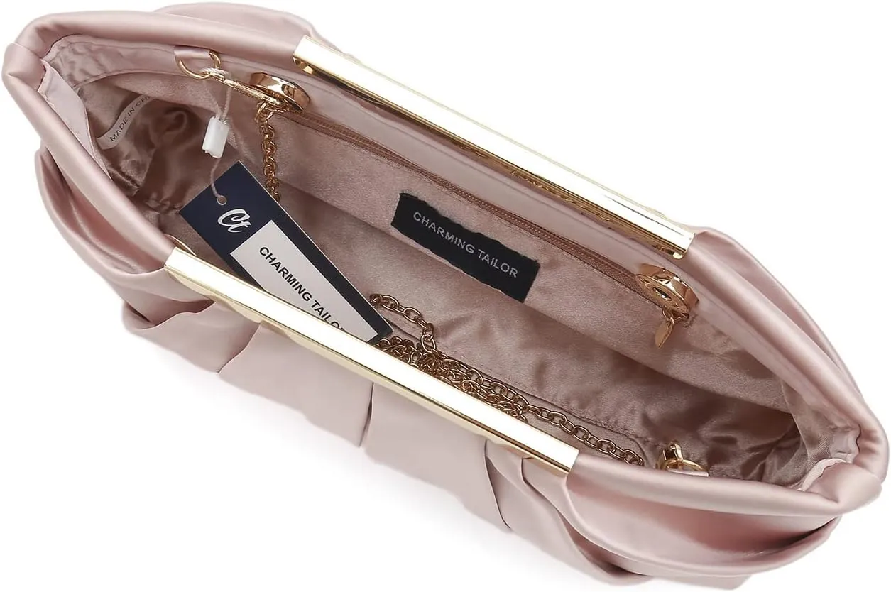 CHARMING TAILOR Clutch Evening Bag Elegant Pleated Satin Formal Handbag Simple Classy Purse for Women