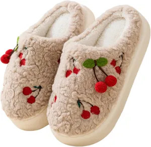 Cherry Slippers for Women, Winter Fluffy House Slippers, Fuzzy Home Bedroom Cotton, Soft and Cute Plush With Memory Foam, Kawaii, Cozy