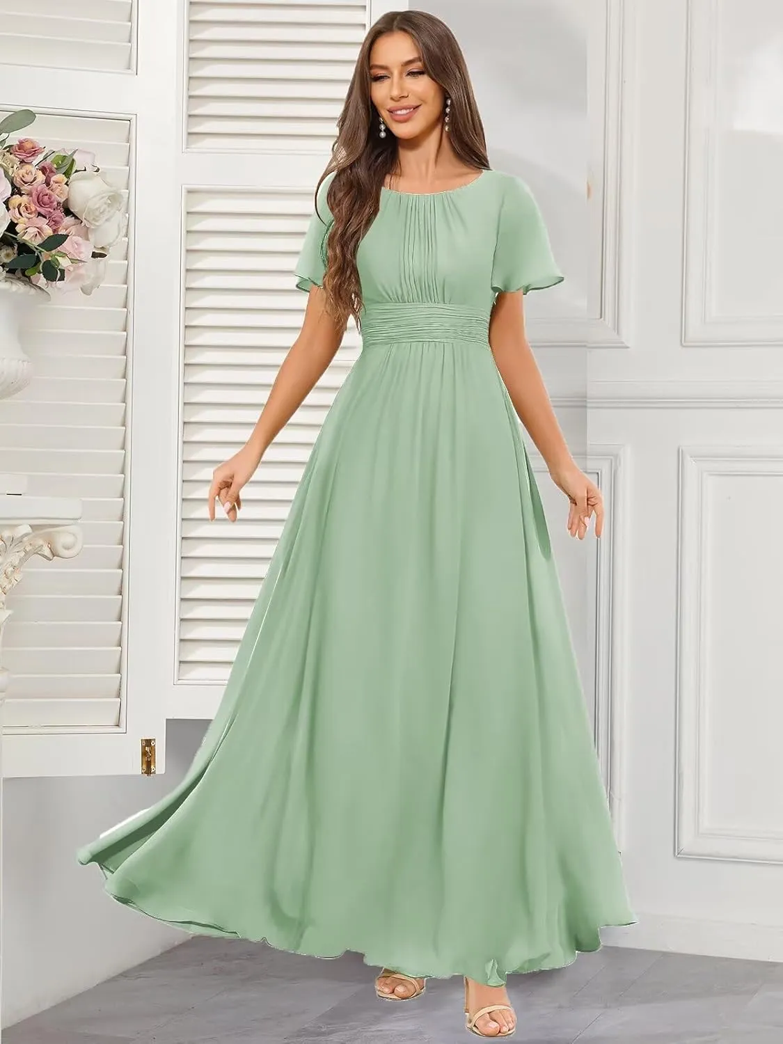 Chiffon Modest Bridesmaid Dresses for Women Long A Line Pleated Formal Evening Gown with Sleeves