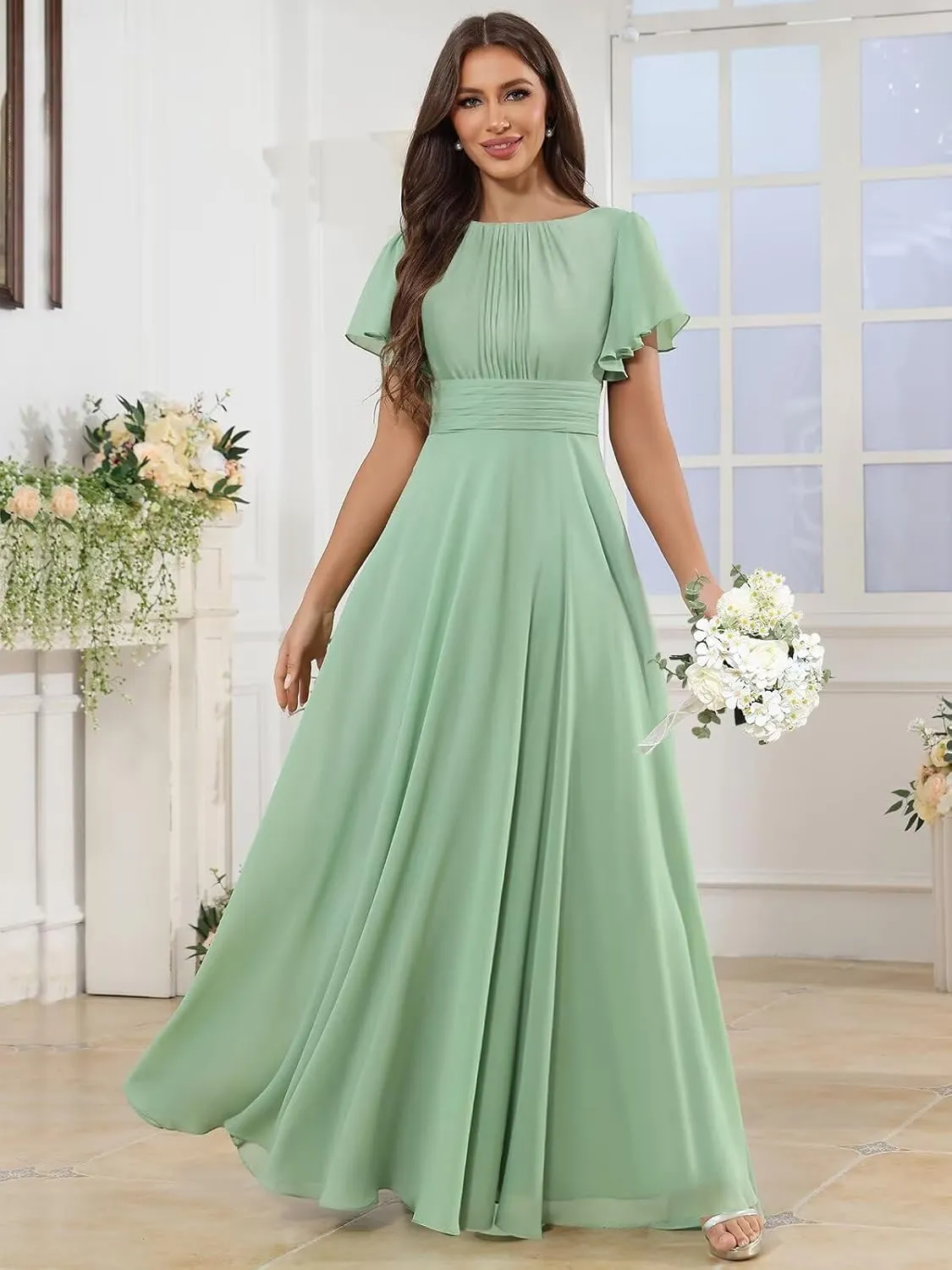 Chiffon Modest Bridesmaid Dresses for Women Long A Line Pleated Formal Evening Gown with Sleeves