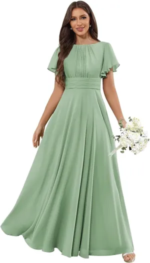 Chiffon Modest Bridesmaid Dresses for Women Long A Line Pleated Formal Evening Gown with Sleeves