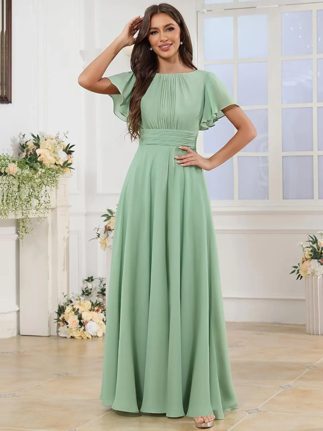 Chiffon Modest Bridesmaid Dresses for Women Long A Line Pleated Formal Evening Gown with Sleeves