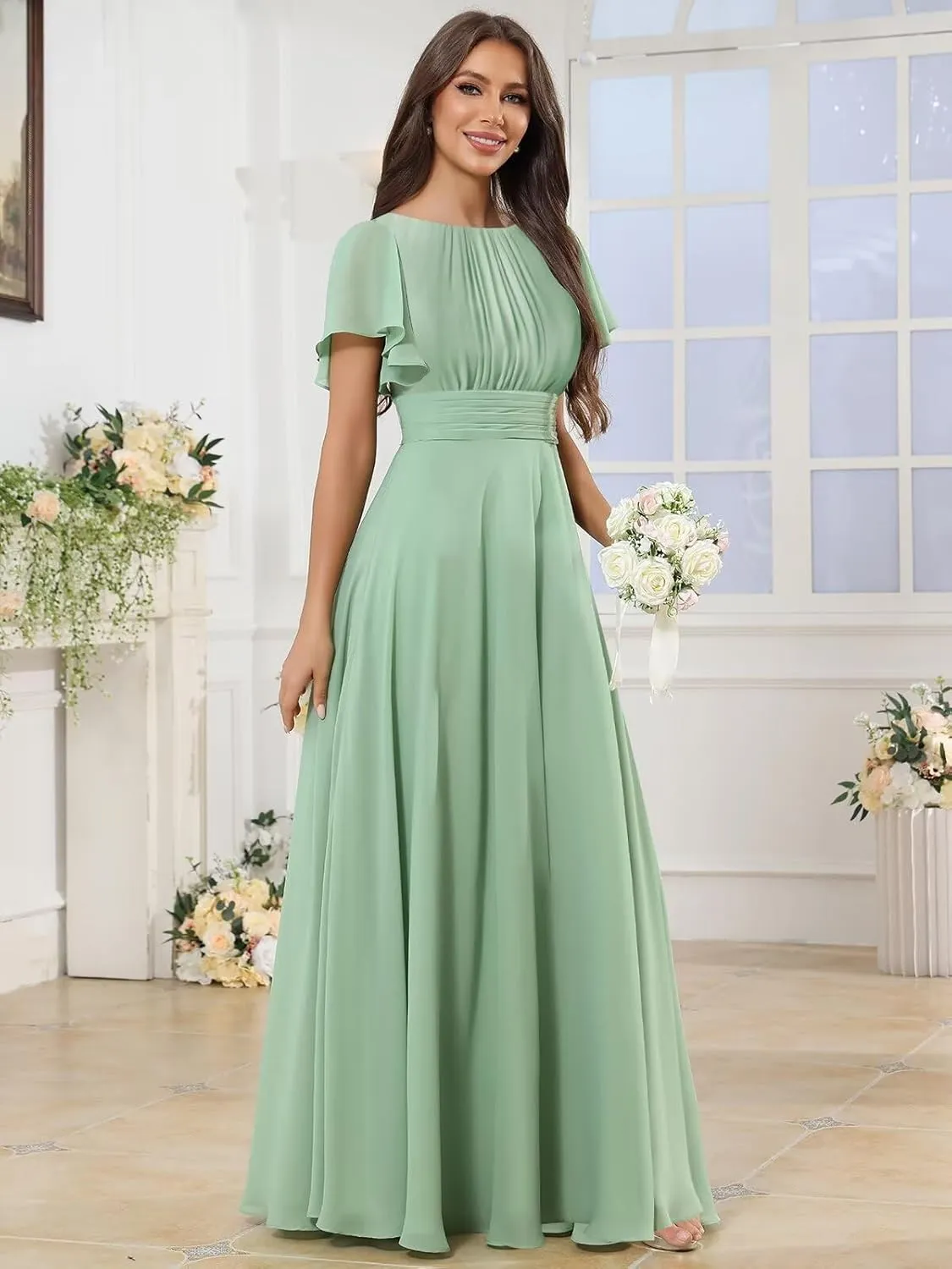 Chiffon Modest Bridesmaid Dresses for Women Long A Line Pleated Formal Evening Gown with Sleeves