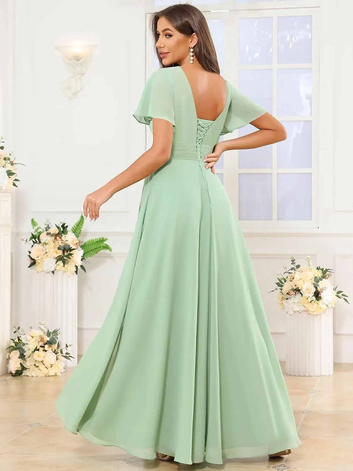 Chiffon Modest Bridesmaid Dresses for Women Long A Line Pleated Formal Evening Gown with Sleeves