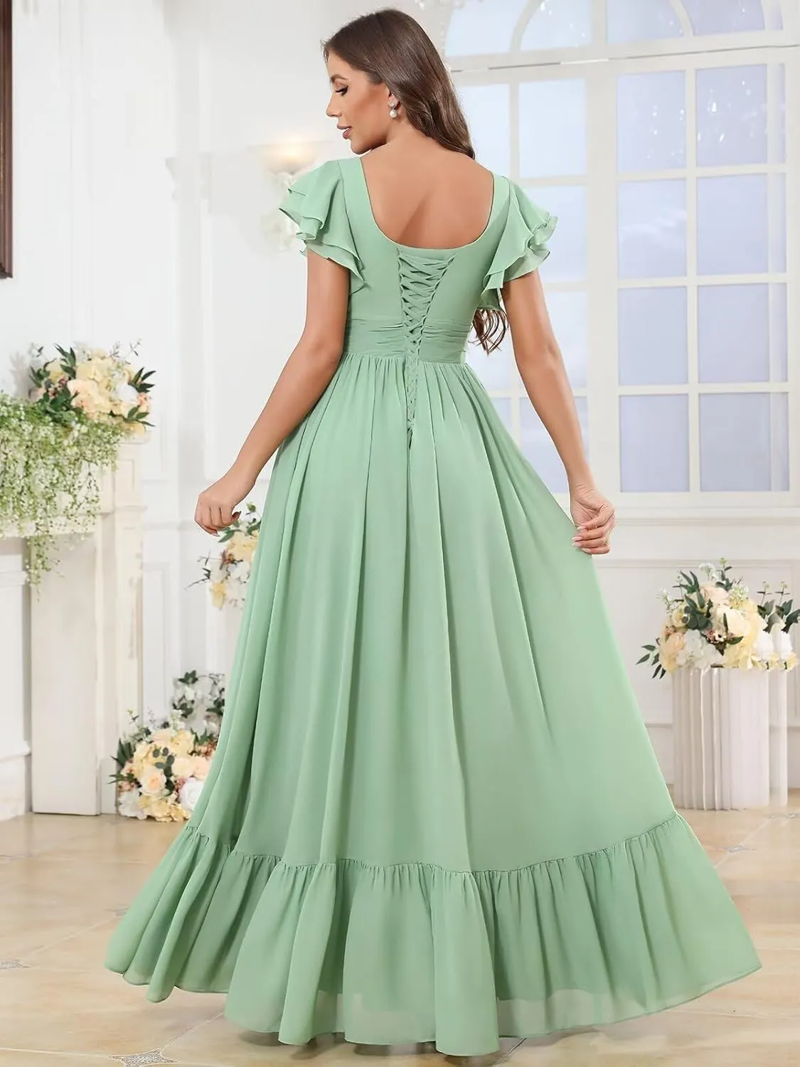 Chiffon Ruffles Bridesmaid Dresses for Women Long A Line V Neck Formal Evening Gown with Sleeves Pockets
