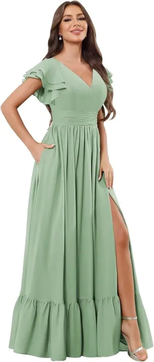 Chiffon Ruffles Bridesmaid Dresses for Women Long A Line V Neck Formal Evening Gown with Sleeves Pockets
