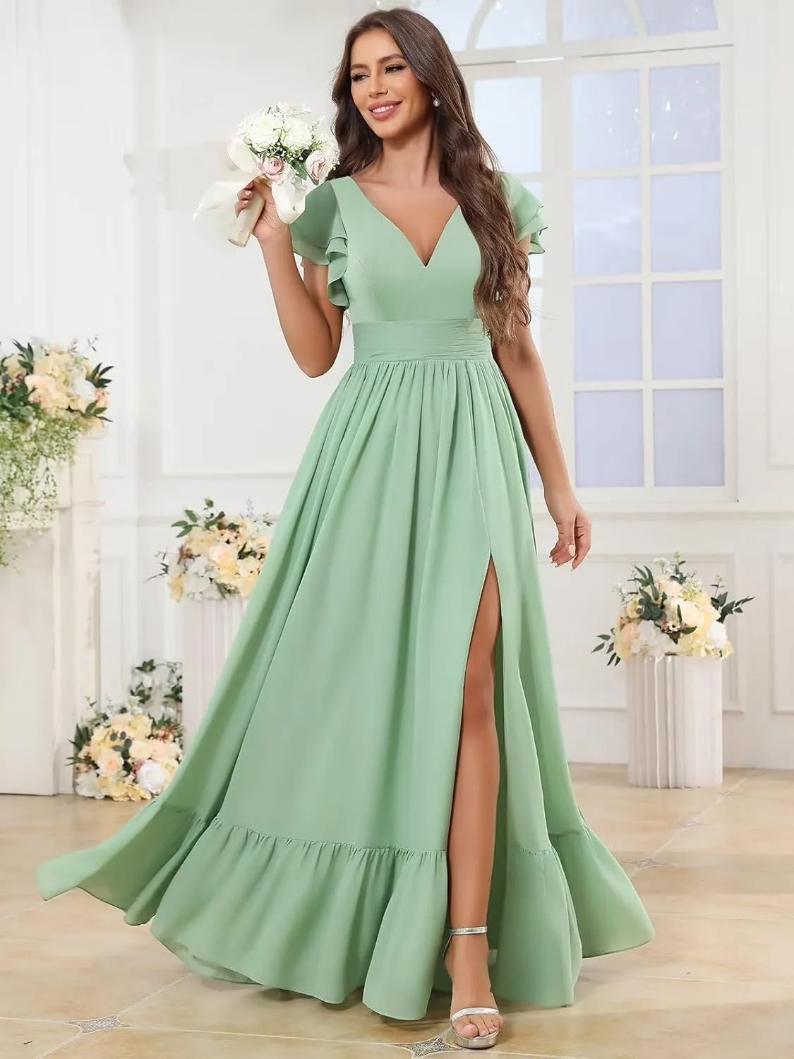 Chiffon Ruffles Bridesmaid Dresses for Women Long A Line V Neck Formal Evening Gown with Sleeves Pockets