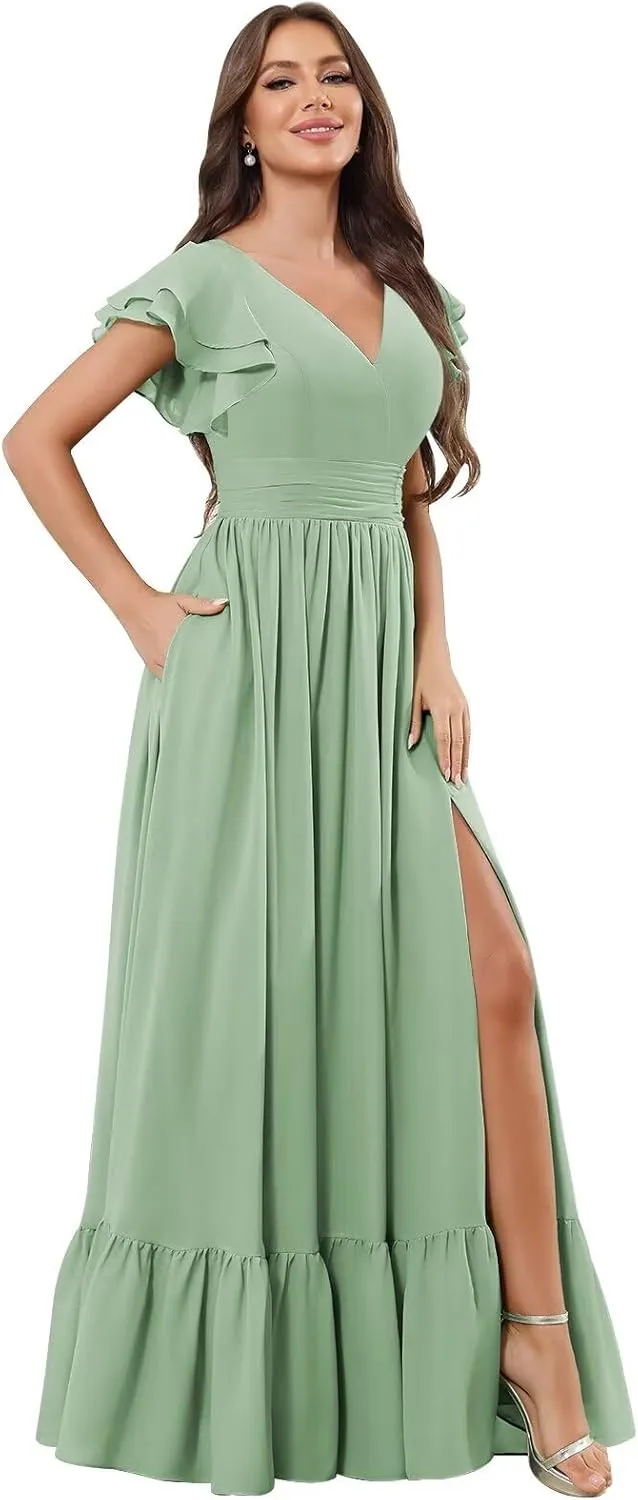 Chiffon Ruffles Bridesmaid Dresses for Women Long A Line V Neck Formal Evening Gown with Sleeves Pockets