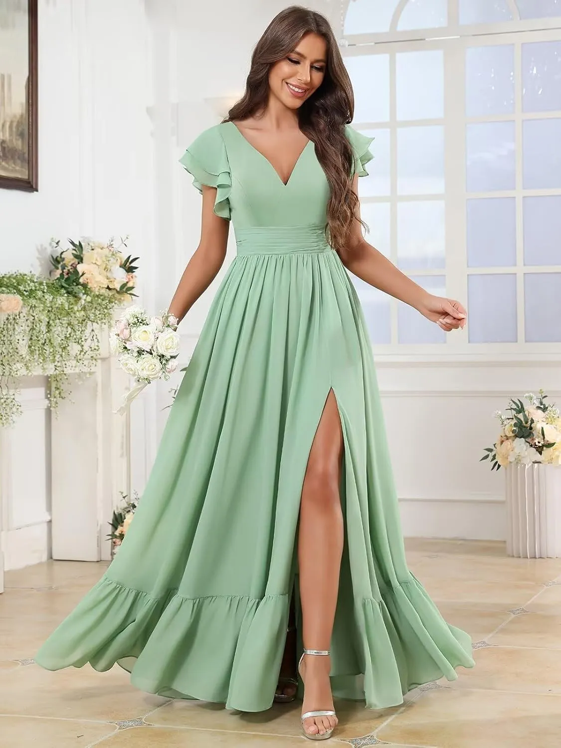 Chiffon Ruffles Bridesmaid Dresses for Women Long A Line V Neck Formal Evening Gown with Sleeves Pockets
