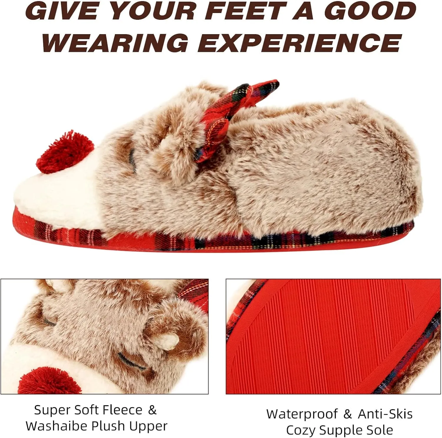Christmas Deer slippers, cute fuzzy foam slippers