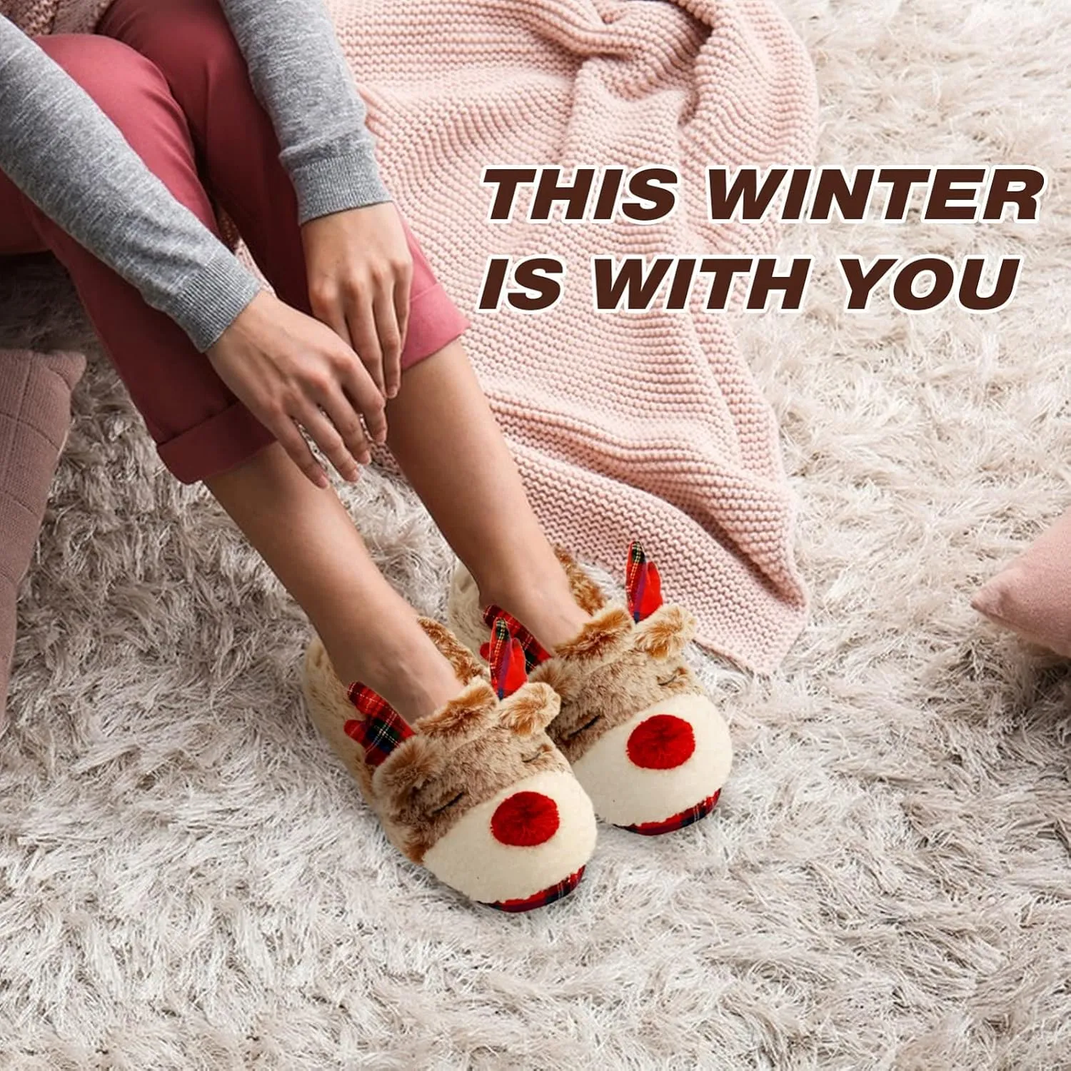 Christmas Deer slippers, cute fuzzy foam slippers