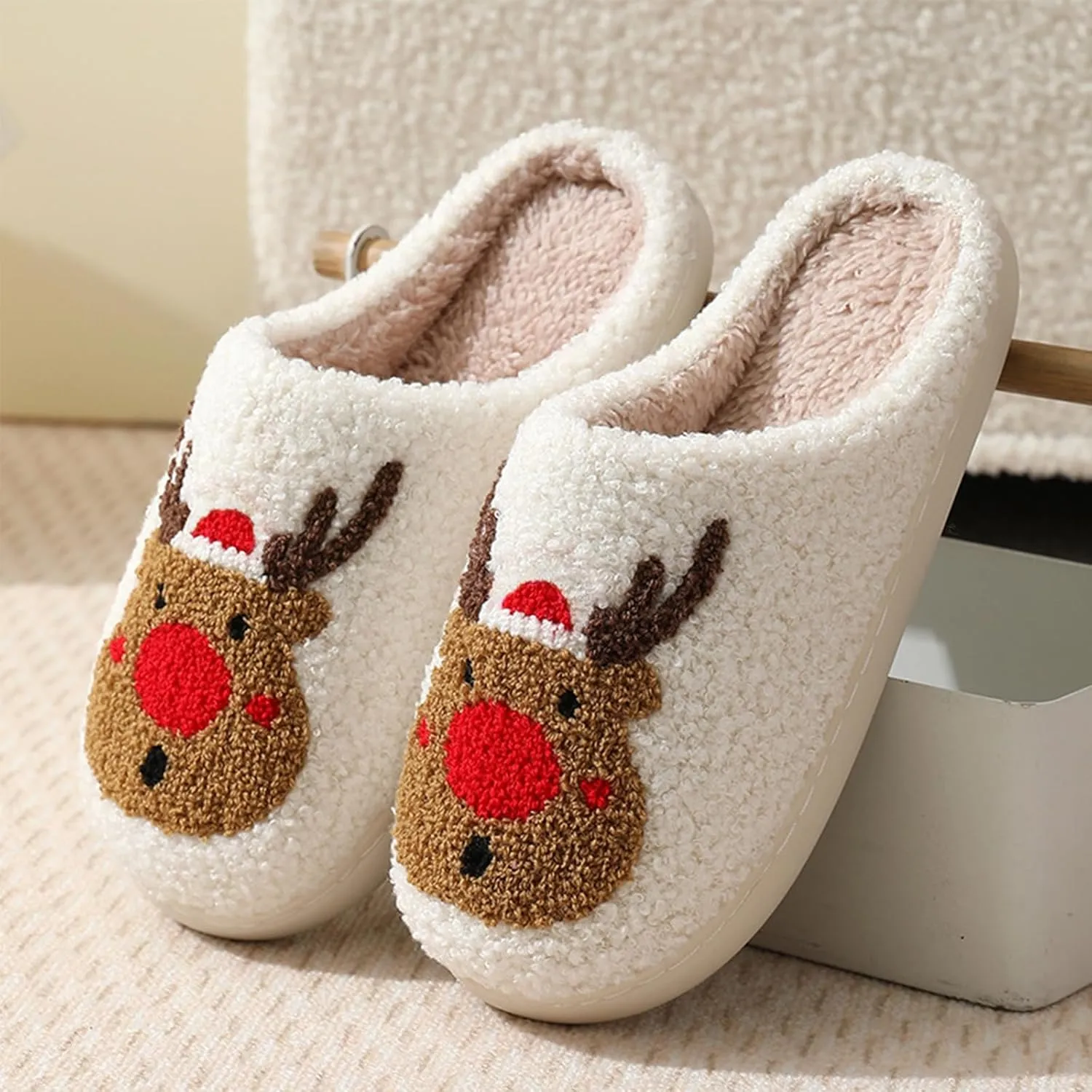 Christmas Slippers for Women, Cute House Shoes with Reindeer, Santa Claus, Gingerbread Man, Xmas Tree, Adult Fluffy Winter Home Slides for Couples, Kawaii Fuzzy Cozy
