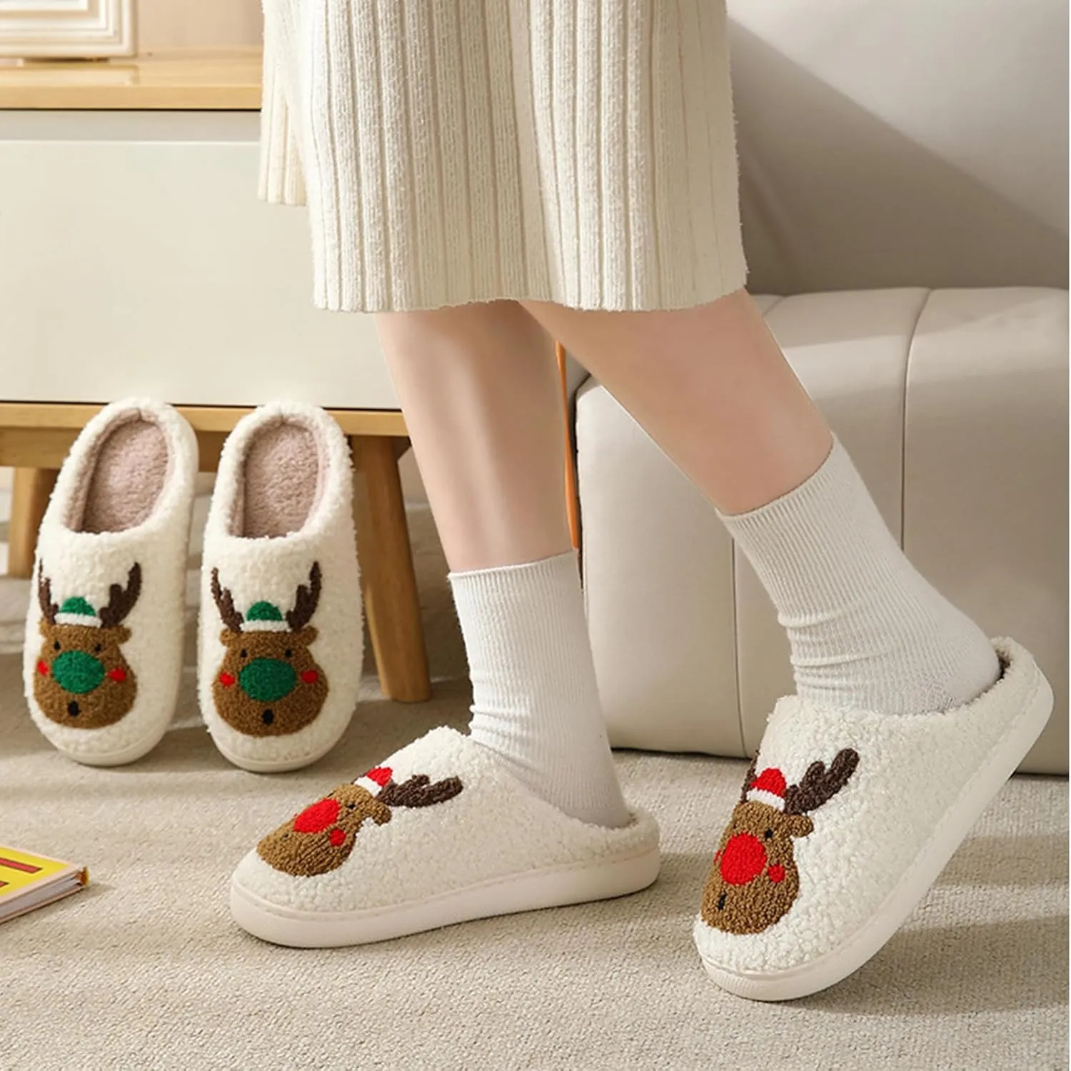Christmas Slippers for Women, Cute House Shoes with Reindeer, Santa Claus, Gingerbread Man, Xmas Tree, Adult Fluffy Winter Home Slides for Couples, Kawaii Fuzzy Cozy