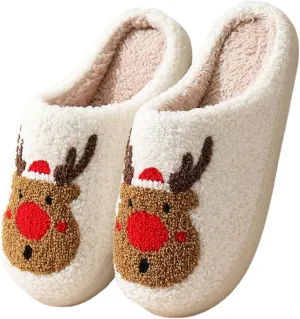 Christmas Slippers for Women, Cute House Shoes with Reindeer, Santa Claus, Gingerbread Man, Xmas Tree, Adult Fluffy Winter Home Slides for Couples, Kawaii Fuzzy Cozy