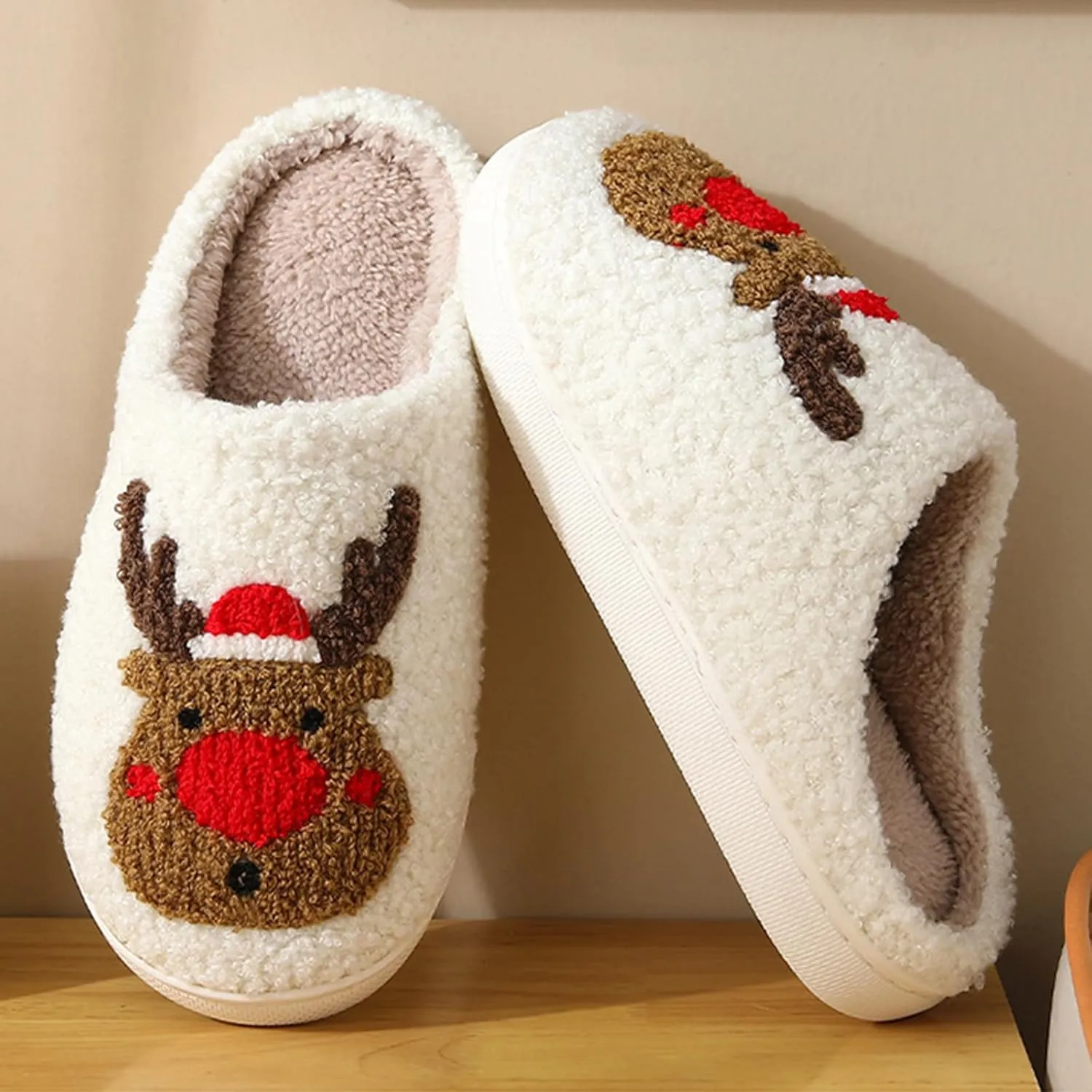 Christmas Slippers for Women, Cute House Shoes with Reindeer, Santa Claus, Gingerbread Man, Xmas Tree, Adult Fluffy Winter Home Slides for Couples, Kawaii Fuzzy Cozy