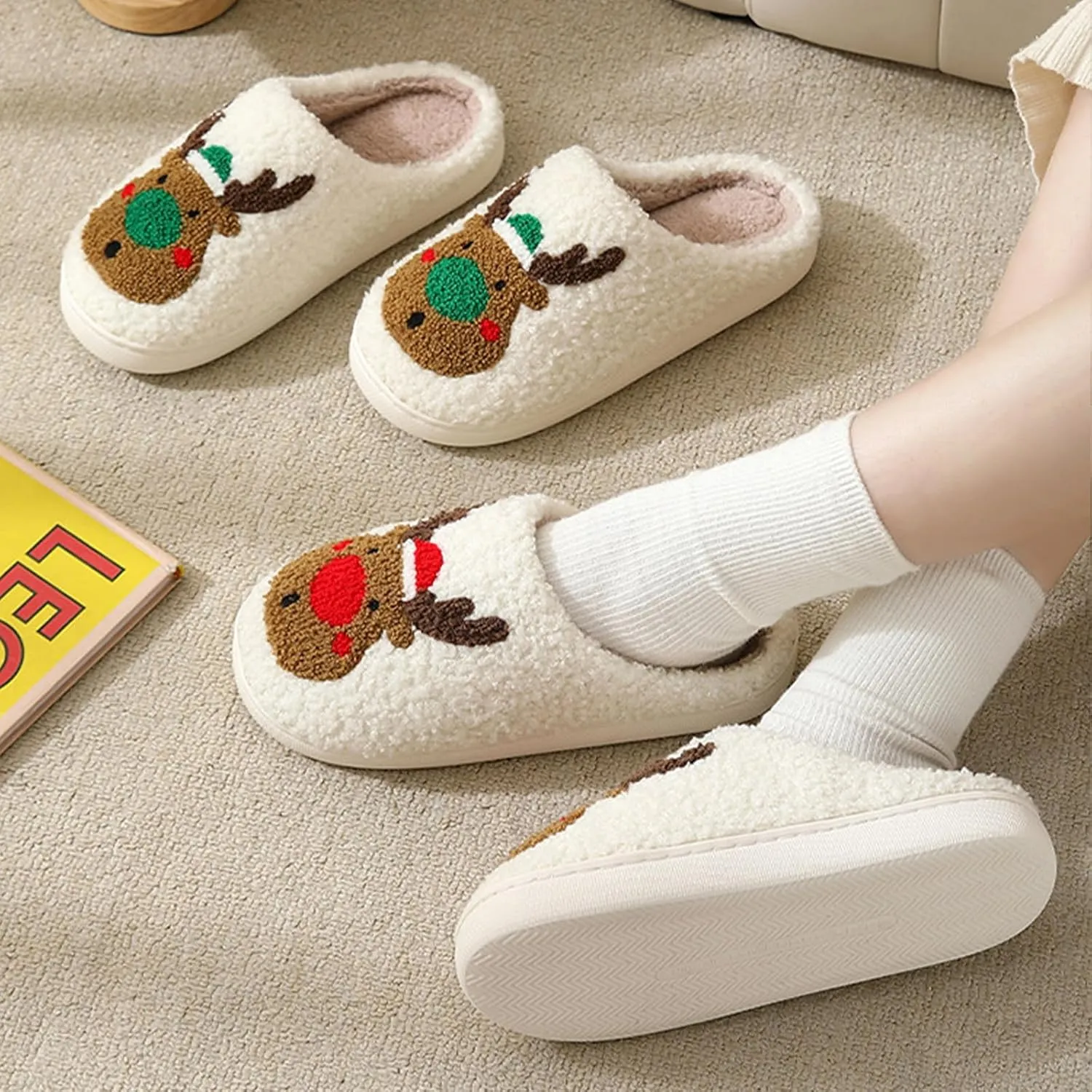 Christmas Slippers for Women, Cute House Shoes with Reindeer, Santa Claus, Gingerbread Man, Xmas Tree, Adult Fluffy Winter Home Slides for Couples, Kawaii Fuzzy Cozy
