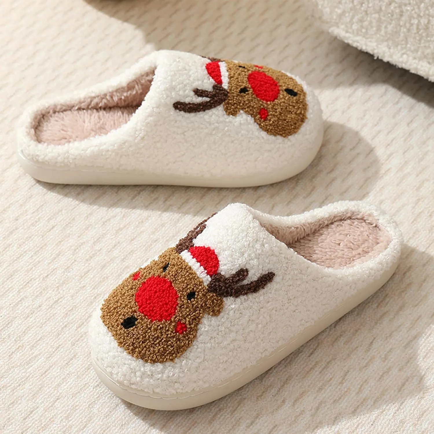 Christmas Slippers for Women, Cute House Shoes with Reindeer, Santa Claus, Gingerbread Man, Xmas Tree, Adult Fluffy Winter Home Slides for Couples, Kawaii Fuzzy Cozy