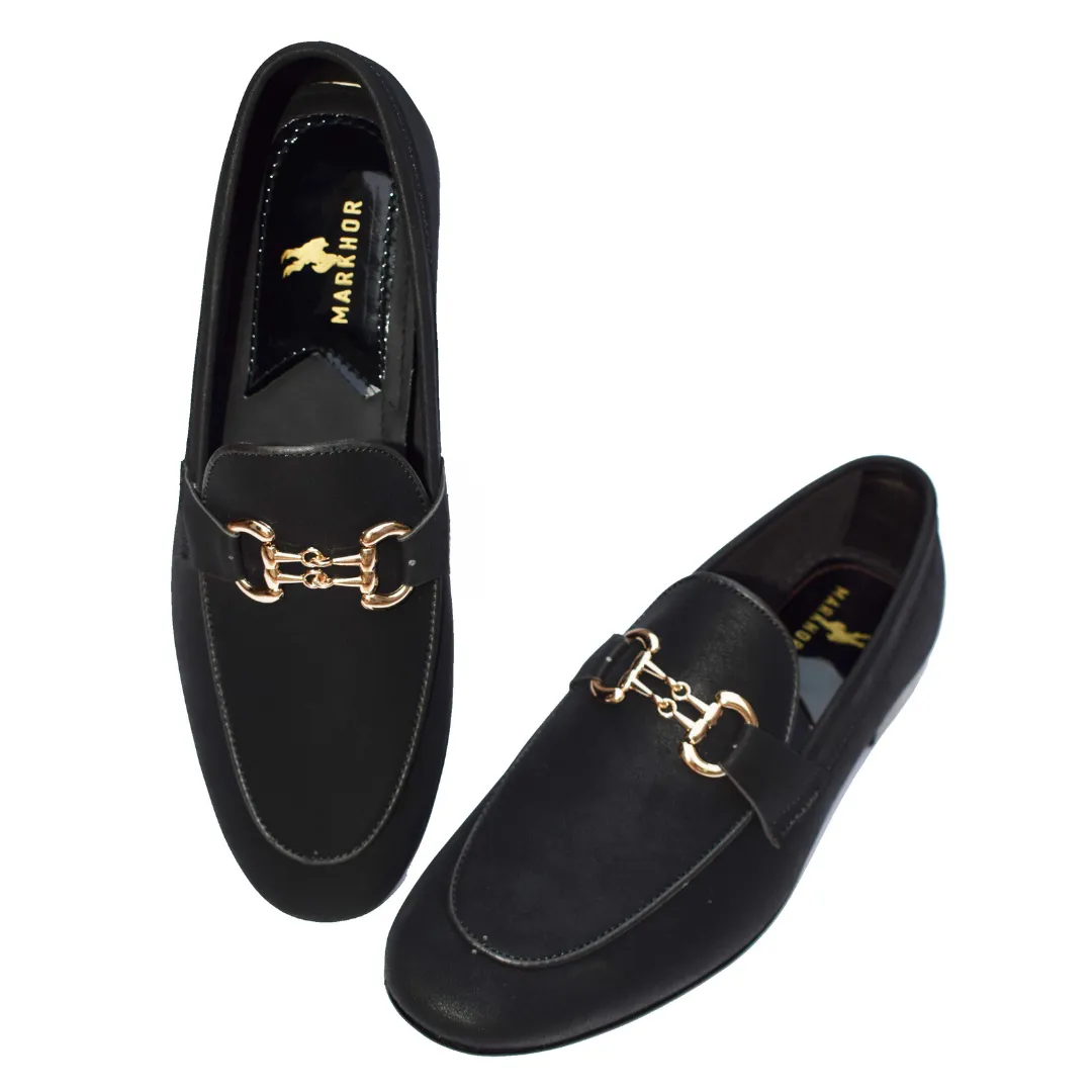 Classic Black Formal Slip-On Shoes with Gold Chain Accent M365