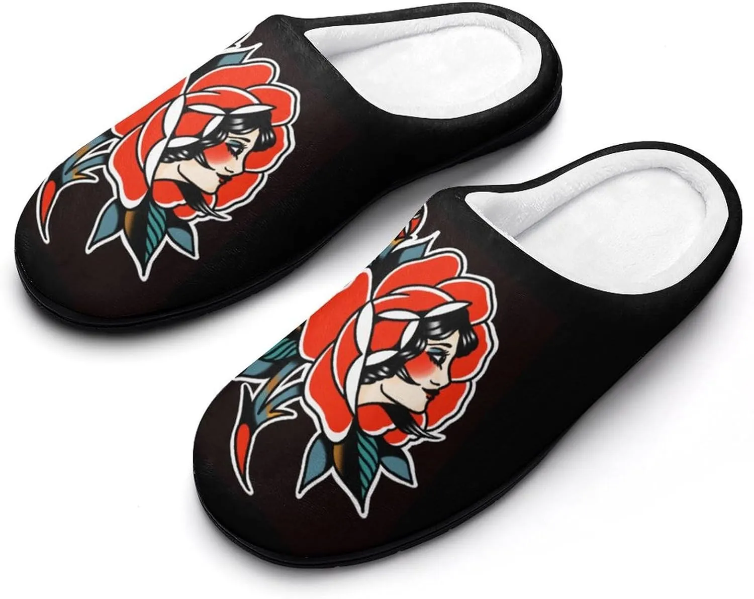 Classic Traditional Tattoo Soft Men's Cotton Slippers Flannel Winter Warm Home Shoes House Shoes Non-Slip Washable