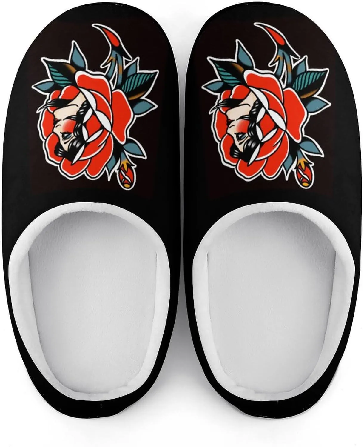 Classic Traditional Tattoo Soft Men's Cotton Slippers Flannel Winter Warm Home Shoes House Shoes Non-Slip Washable