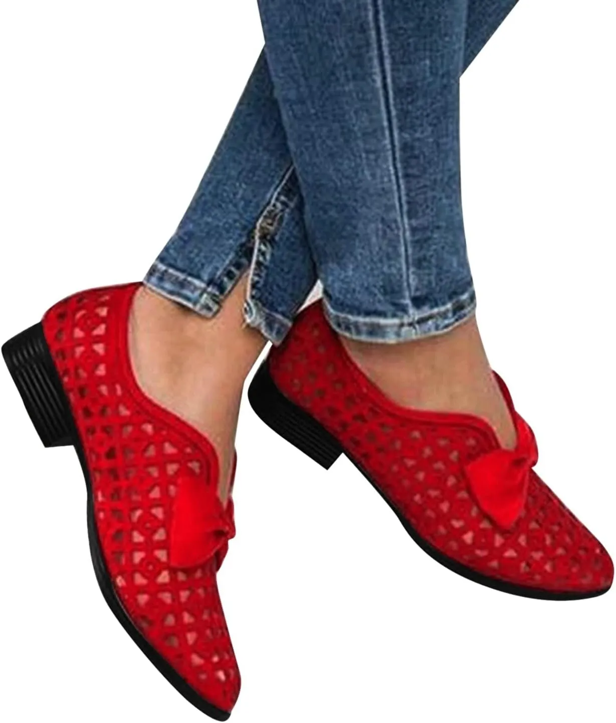 Closed Toe Casual Slip On Sandals for Women Flat,Pointed Toe Breathable Hollow Out Low Chunky Heel Shoes (Red, 6.5)