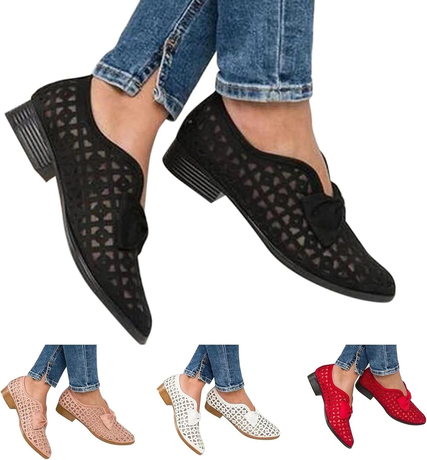 Closed Toe Casual Slip On Sandals for Women Flat,Pointed Toe Breathable Hollow Out Low Chunky Heel Shoes (Red, 6.5)