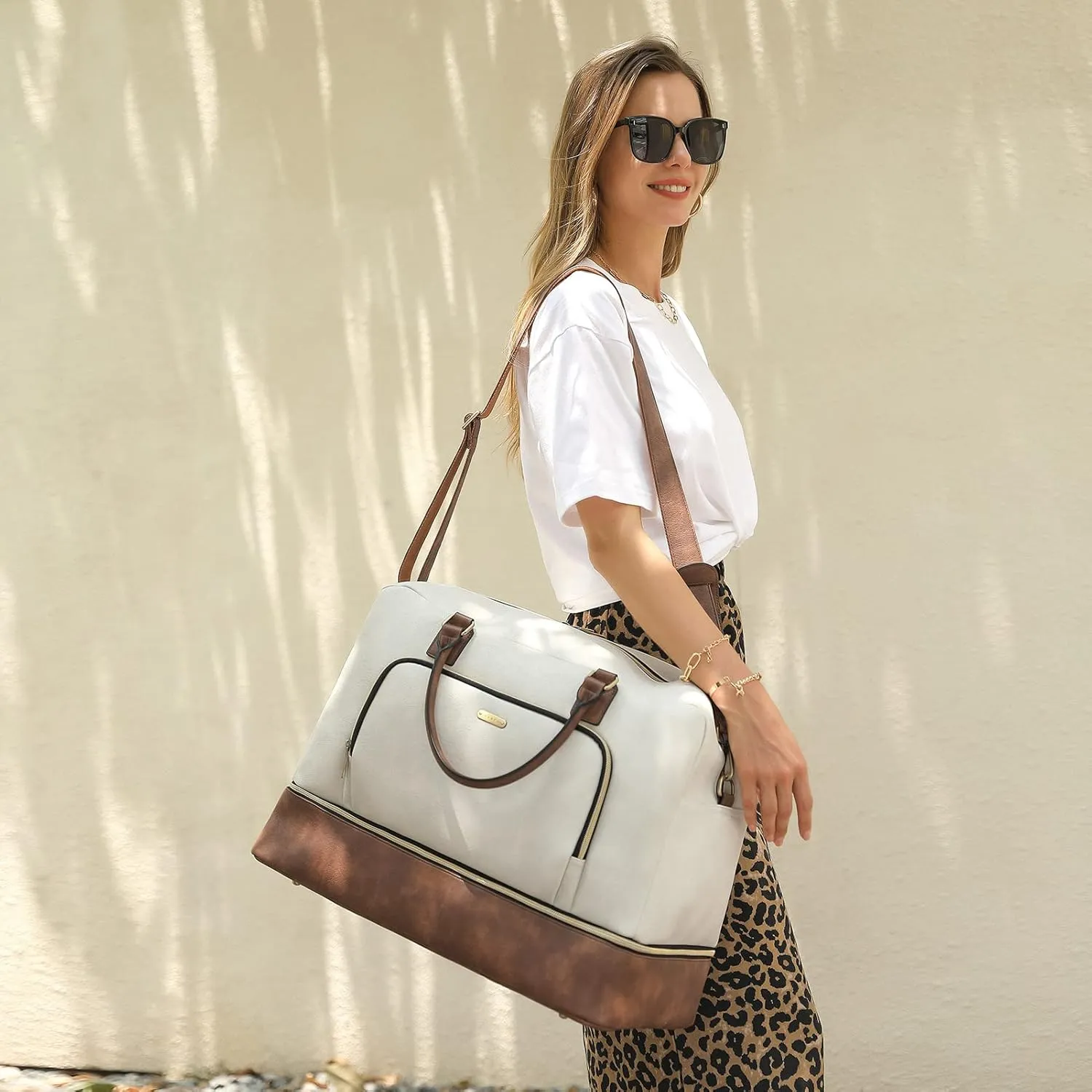 CLUCI Travel Duffel Bag for Women Leather Oversized Weekender Overnight Bags with Shoe Compartment Beige with Brown